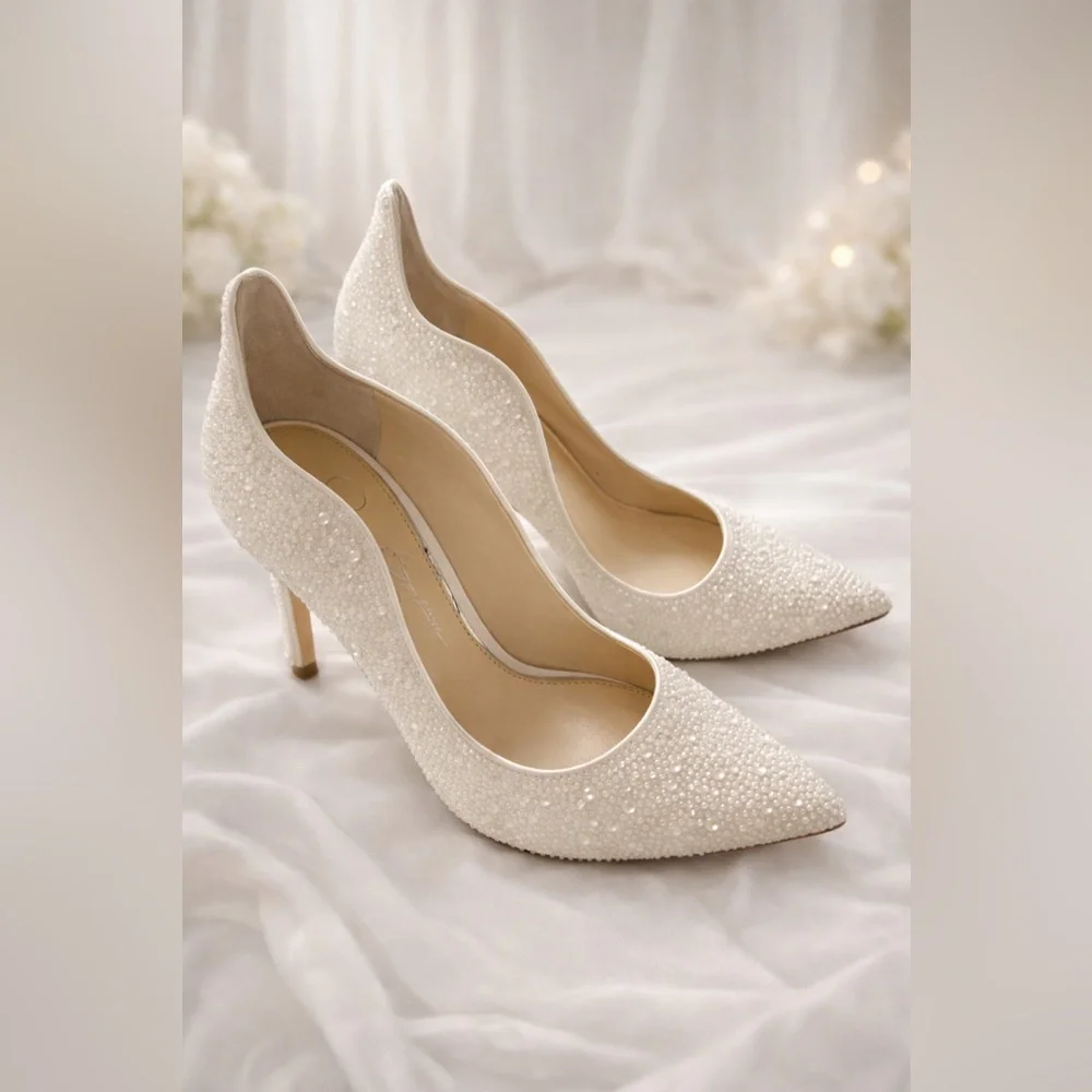 Jessica Simpson Wayva Bridal Pumps White Satin Pearl Embellished Heels Size 10M - Picture 1 of 6